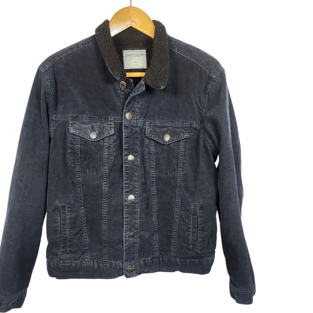 Sunrise Kingdom Men's Black Corduroy Trucker Jacket Sherpa LARGE  Distressed Y2K